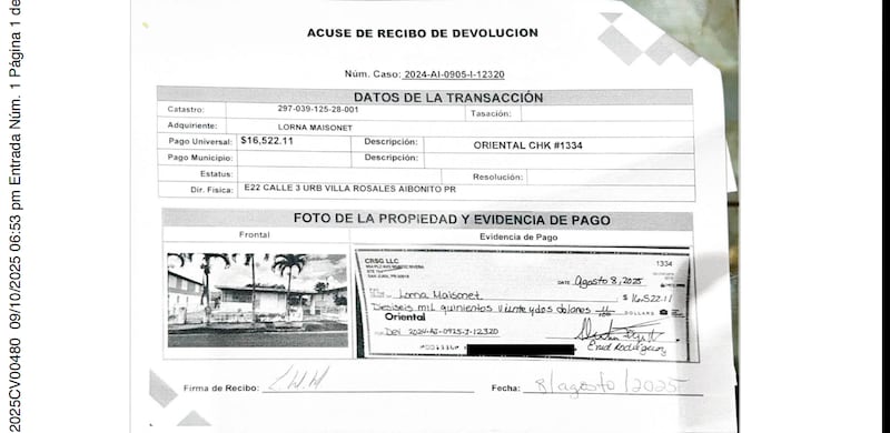 En agosto de 2025, Universal Properties devolvió el dinero que le cobró por los gastos de mantenimiento a la clienta de Aibonito con un cheque emitido por CRSG, LLC, pero esa compañía no tenía contratos con este municipio, sino Universal Properties.
Captura de documento