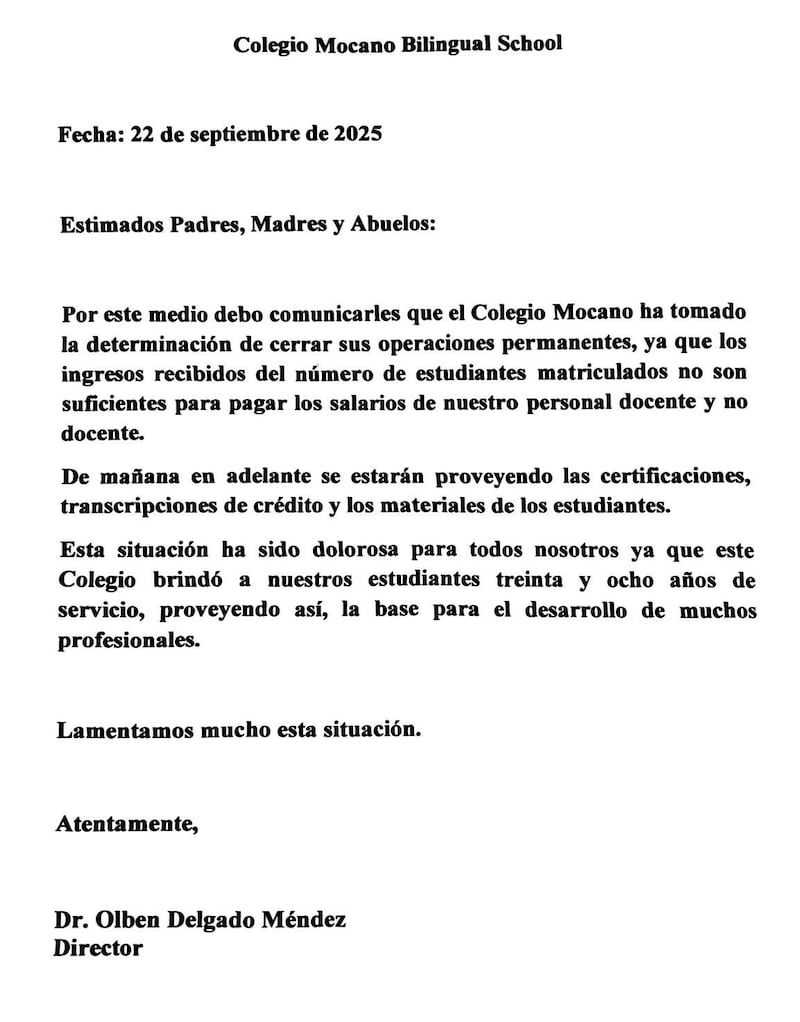 Misiva que supuestamente envío el Colegio Mocano Bilingual School a los tutores legales de los estudiantes.