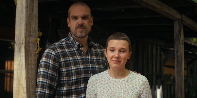 STRANGER THINGS. (L to R) David Harbour as Jim Hopper and Millie Bobby Brown as Eleven in STRANGER THINGS. Cr. Courtesy of Netflix © 2022