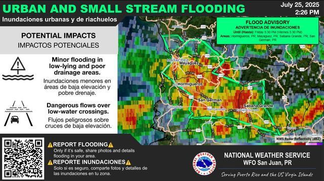 Emiten advertencia de inundaciones para municipios del oeste de Puerto Rico