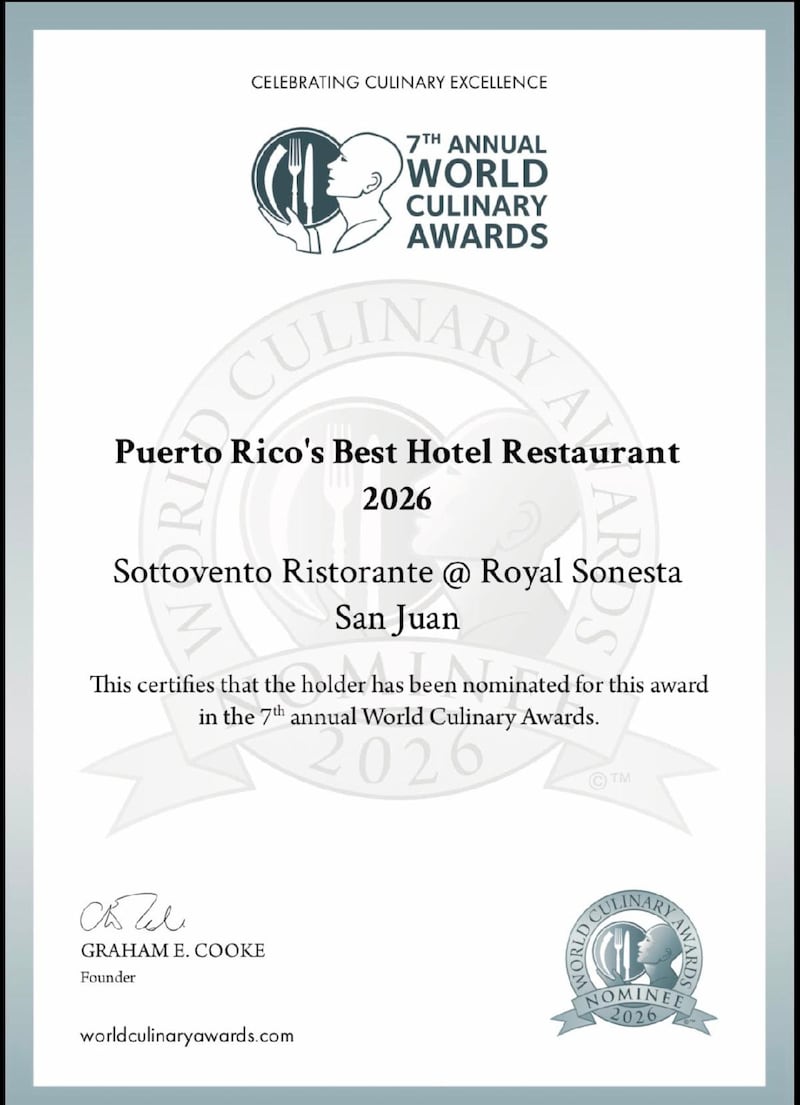Sottovento Ristorante, ubicado en el Royal Sonesta San Juan, competirá en dos de las categorías más importantes que reconocen la excelencia de los restaurantes de hotel a nivel internacional.