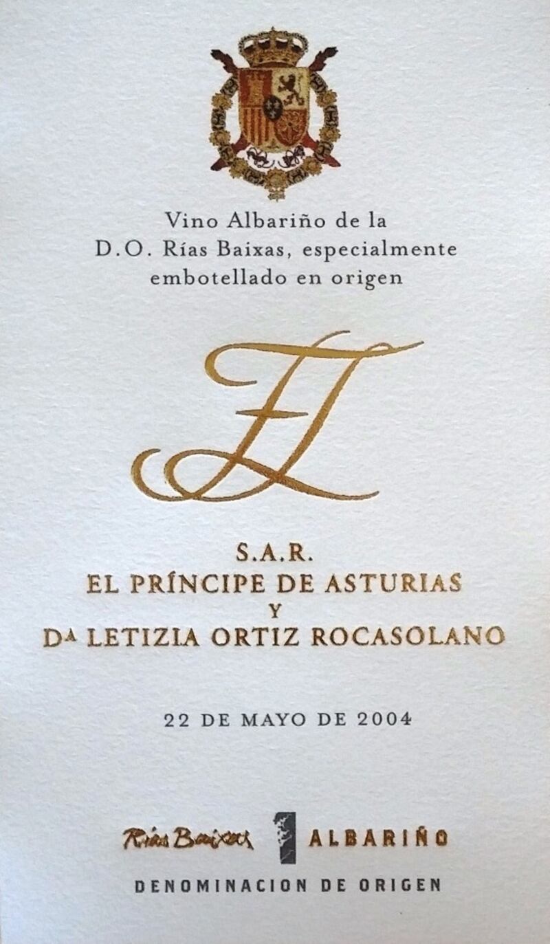 Etiqueta oficial del vino Rias Baixas servido en la boda real.