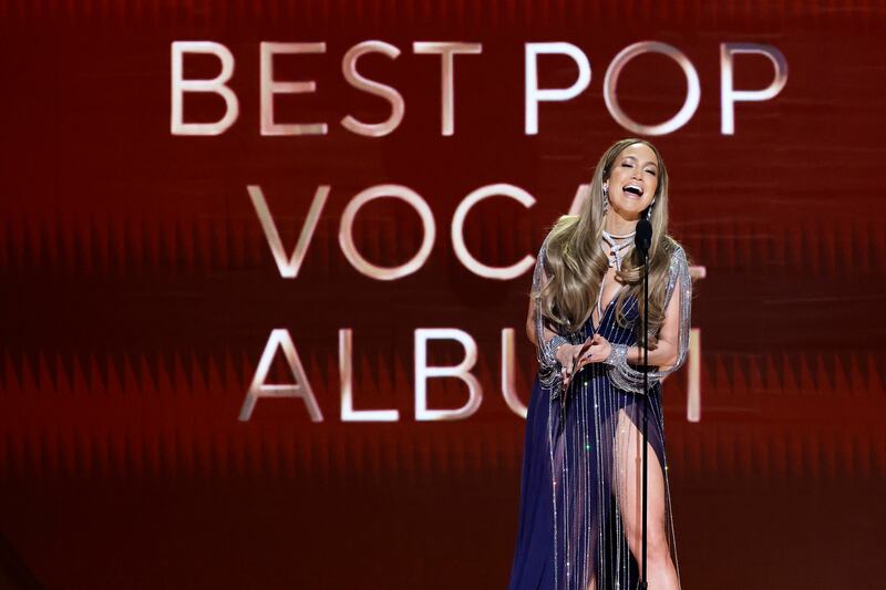 LOS ANGELES, CALIFORNIA - FEBRUARY 05: Jennifer Lopez speaks onstage during the 65th GRAMMY Awards at Crypto.com Arena on February 05, 2023 in Los Angeles, California. (Photo by Kevin Winter/Getty Images for The Recording Academy )