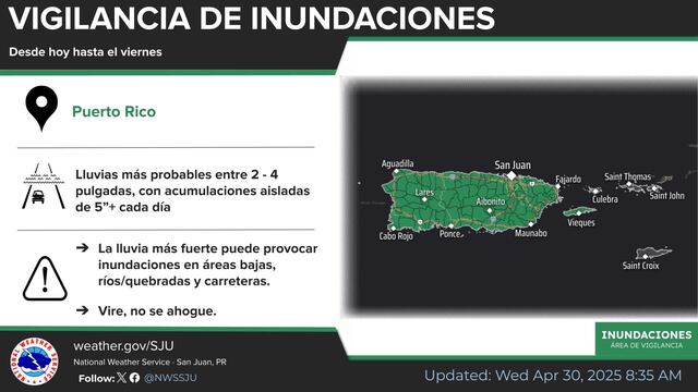 Lluvias intensas provocan vigilancia de inundaciones para todo Puerto Rico hasta el viernes