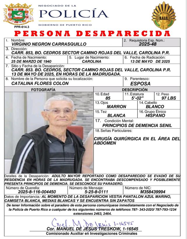Policía desactiva Alerta Silver tras hallazgo de octogenario reportado como desaparecido en Carolina