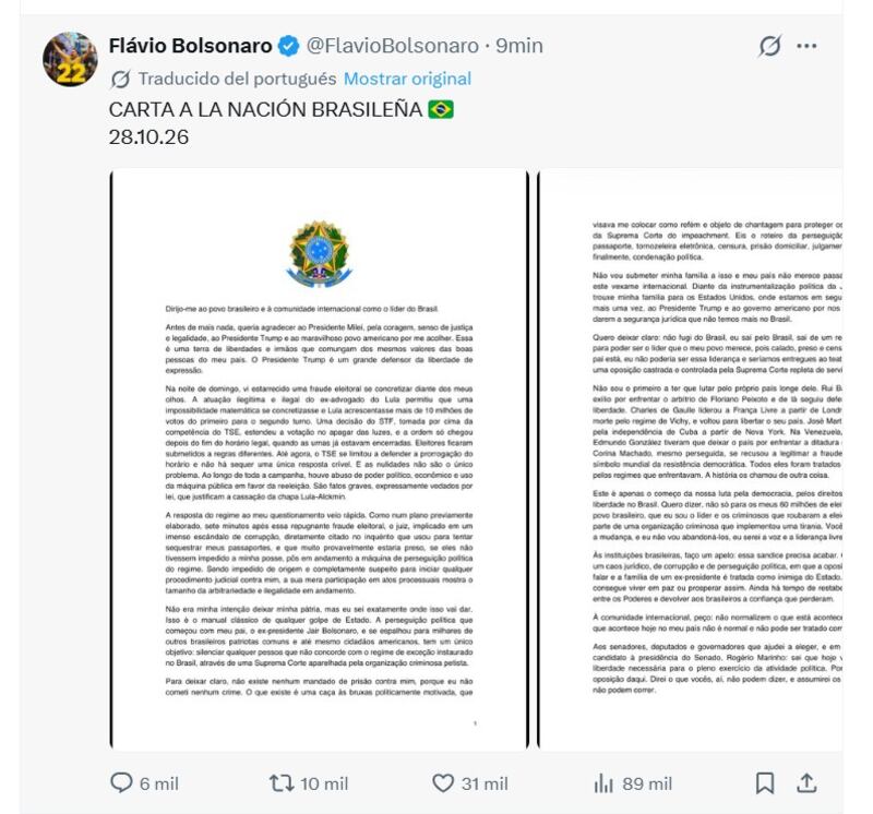 Captura de una publicación en la cuenta en X del senador ultraderechista Flávio Bolsonaro, quien huyó a Estados Unidos dos días después de perder las elecciones presidenciales y que se declara este miércoles el 