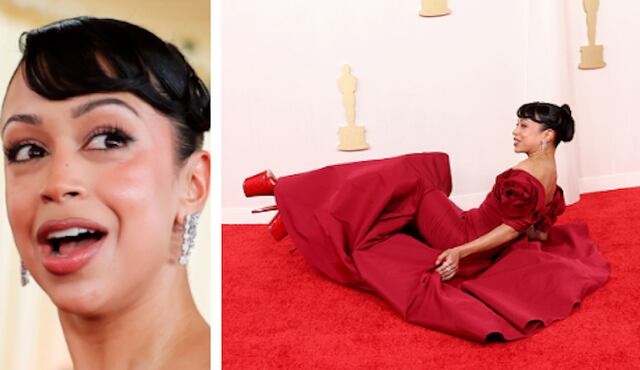 VIDEO: Liza Koshy sufre aparatosa caída durante la alfombra roja de los Premios Oscar 2024