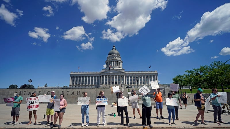 People protest for abortion-rights at the Utah State Capitol Friday, June 24, 2022, in Salt Lake City. (AP Photo/Rick Bowmer)