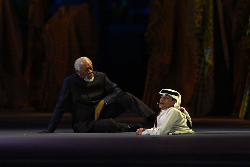 AL KHOR, QATAR - NOVEMBER 20: Morgan Freeman performs during the opening ceremony prior to the FIFA World Cup Qatar 2022 Group A match between Qatar and Ecuador at Al Bayt Stadium on November 20, 2022 in Al Khor, Qatar. (Photo by Justin Setterfield/Getty Images)