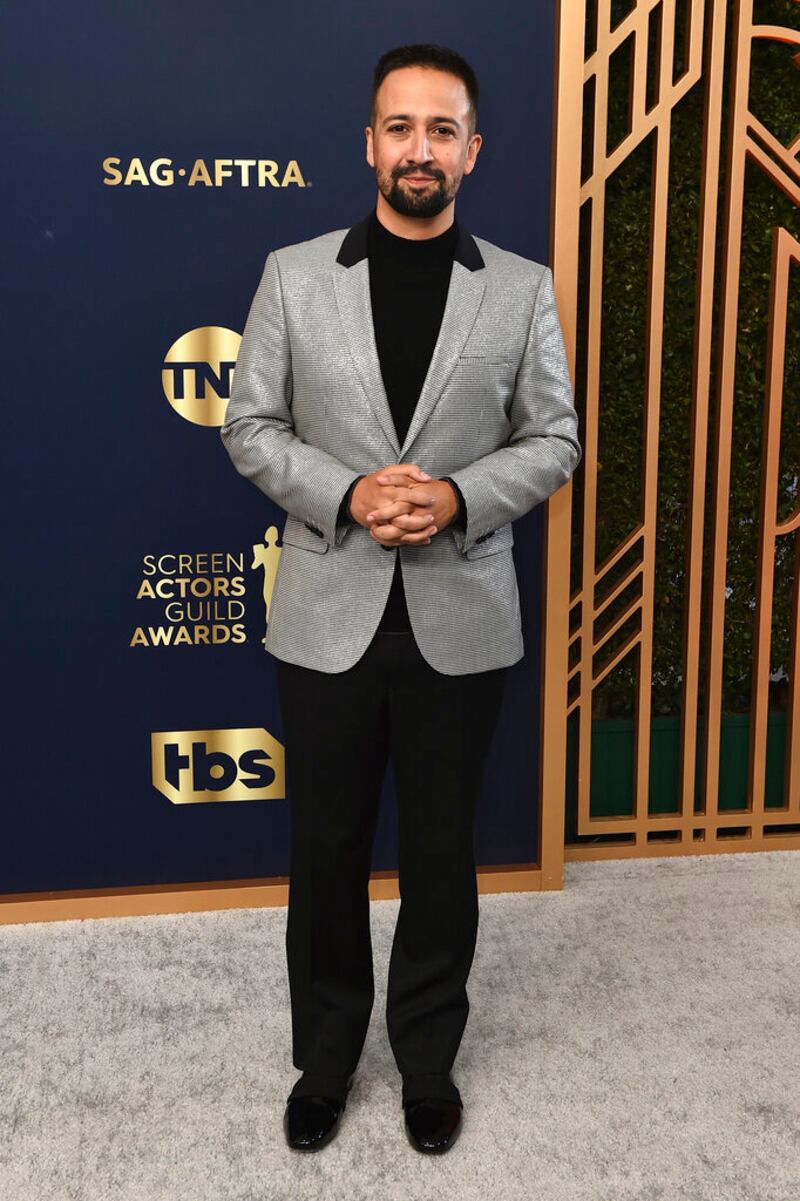 Lin-Manuel Miranda arrives at the 28th annual Screen Actors Guild Awards at the Barker Hangar on Sunday, Feb. 27, 2022, in Santa Monica, Calif. (Photo by Jordan Strauss/Invision/AP)