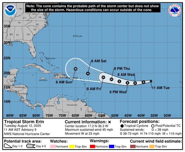 Tormenta tropical Erin: Piden estar atentos a posibles efectos del sistema en la isla