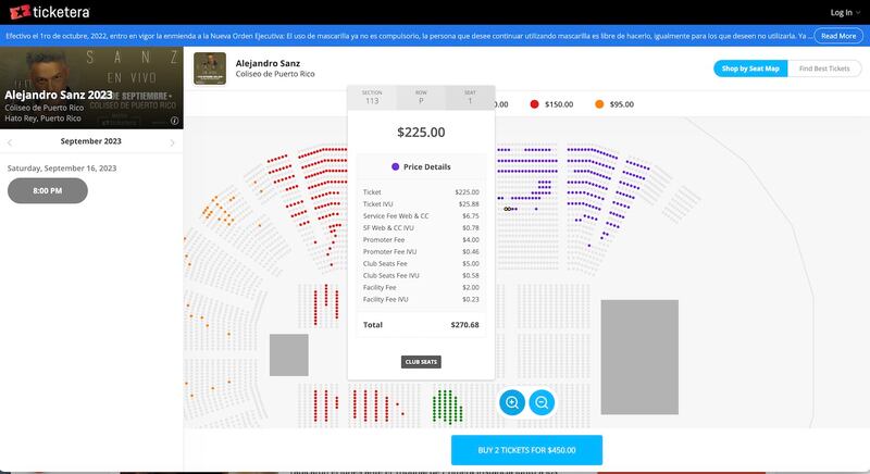 Un boleto de $225 para el concierto de Alejandro Sanz que se llevará a cabo en el Coliseo de Puerto Rico conlleva cargos adicionales por $20, sin contar el IVU.