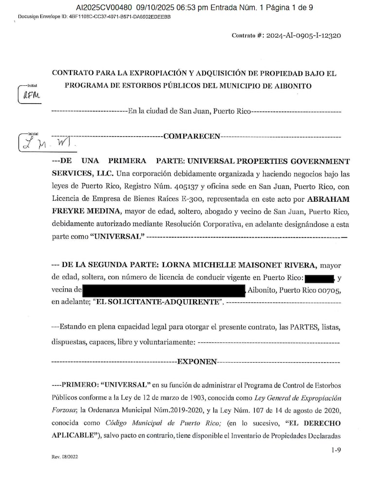 En 2024, Universal Properties firmó un contrato con una vecina de Aibonito interesada en adquirir una propiedad.
Captura del contrato