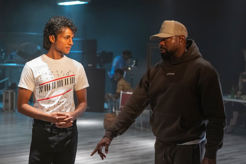 Jaafar Jackson as Michael Jackson and Director Antoine Fuqua in Michael. Photo Credit: Glen Wilson/Lionsgate