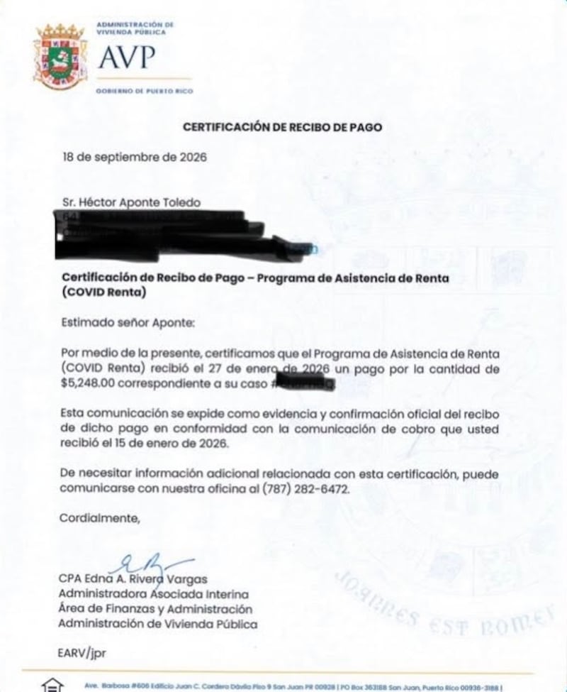 Certificación de pago. (Milly Méndez vía Facebook)