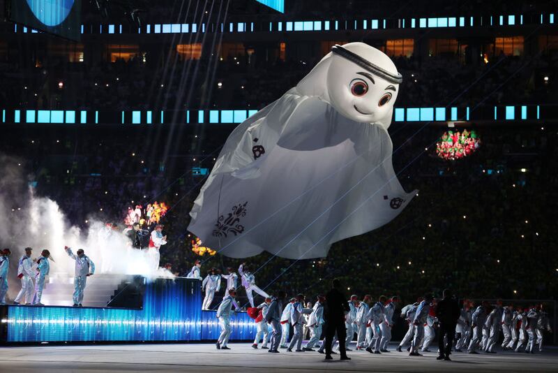 AL KHOR, QATAR - NOVEMBER 20: Qatar World Cup mascot 	La'eeb is seen during the opening ceremony prior to the FIFA World Cup Qatar 2022 Group A match between Qatar and Ecuador at Al Bayt Stadium on November 20, 2022 in Al Khor, Qatar. (Photo by Michael Steele/Getty Images)
