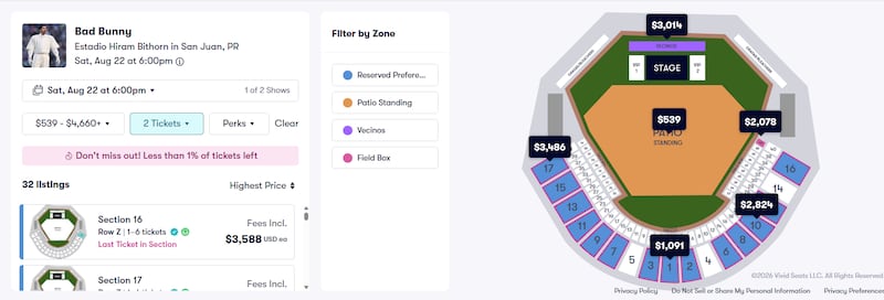 Mientras más de un millón de personas intentaban conseguir entradas para los conciertos en el Hiram Bithorn, boletos comenzaron a aparecer en una plataforma de reventa con precios que superaban los $3,500.
