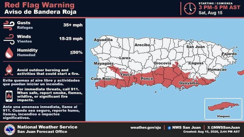 Emiten Aviso de Bandera Roja por fuegos forestales para el sur de Puerto Rico y Vieques. X @NWSSanJuan