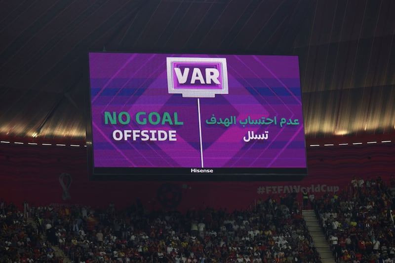 AL KHOR, QATAR - NOVEMBER 27: The LED board shows the the goal by Antonio Ruediger of Germany is disallowed due to offside during the FIFA World Cup Qatar 2022 Group E match between Spain and Germany at Al Bayt Stadium on November 27, 2022 in Al Khor, Qatar. (Photo by Alexander Hassenstein/Getty Images)