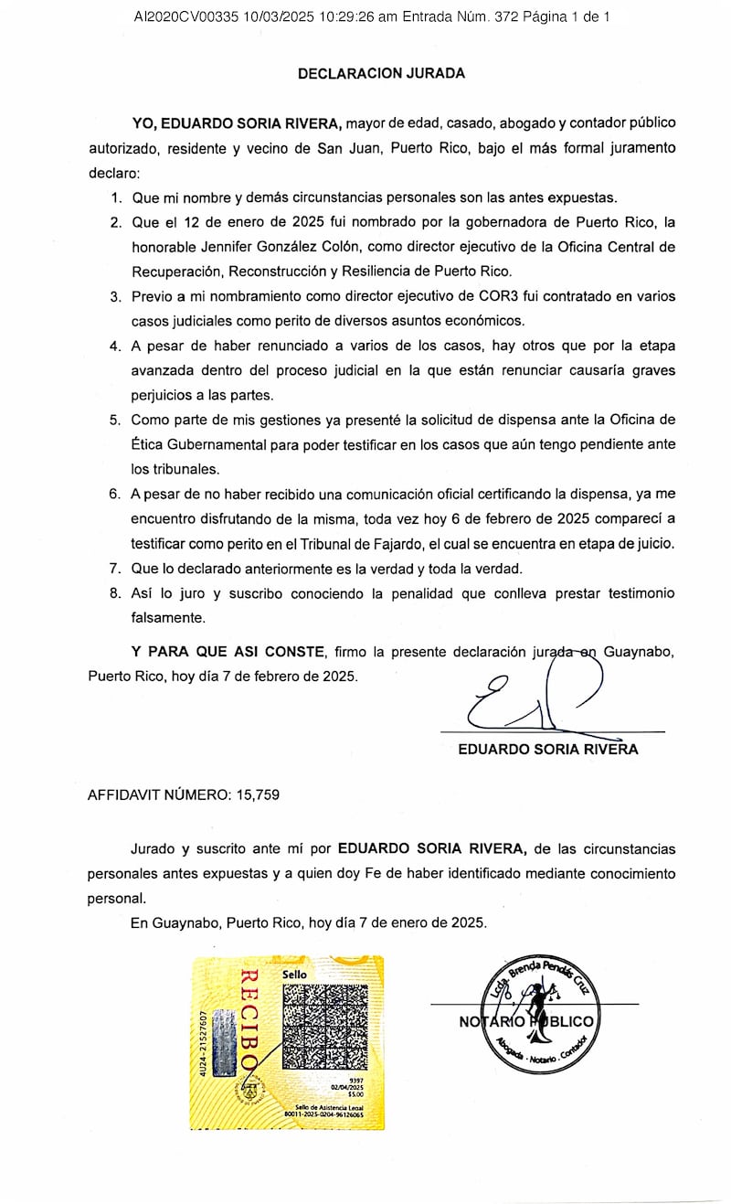 Foto de la declaración jurada suscrita por el director del COR3, Eduardo Soria Rivera, en febrero de 2025. El documento fue notarizado el 7 de enero de 2025, lo cual puede ser un error administrativo.