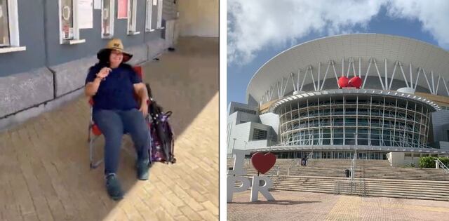 Mujer en silla de playa ya está haciendo fila para comprar boletos del concierto de Bad Bunny