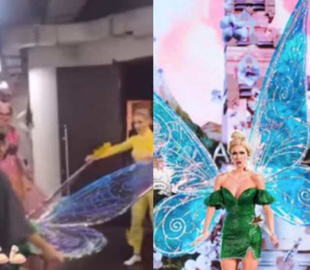 Candidata de Miss Grand International 2022 llega gateando al escenario por su enorme traje típico