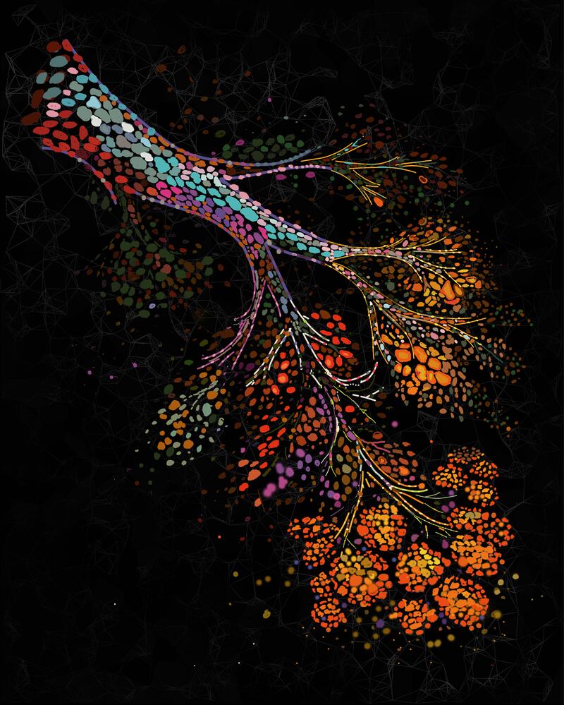 En la imagen, ilustración que representa la remodelación espacial a múltiples escalas de la mama humana a medida que envejece, con una red ductal ramificada incrustada en un microentorno denso y rico en células que da paso progresivamente a tejido rico en grasa con la edad.  EFE/ Investigadores de las universidades de Cambridge y de la Columbia Británica.
