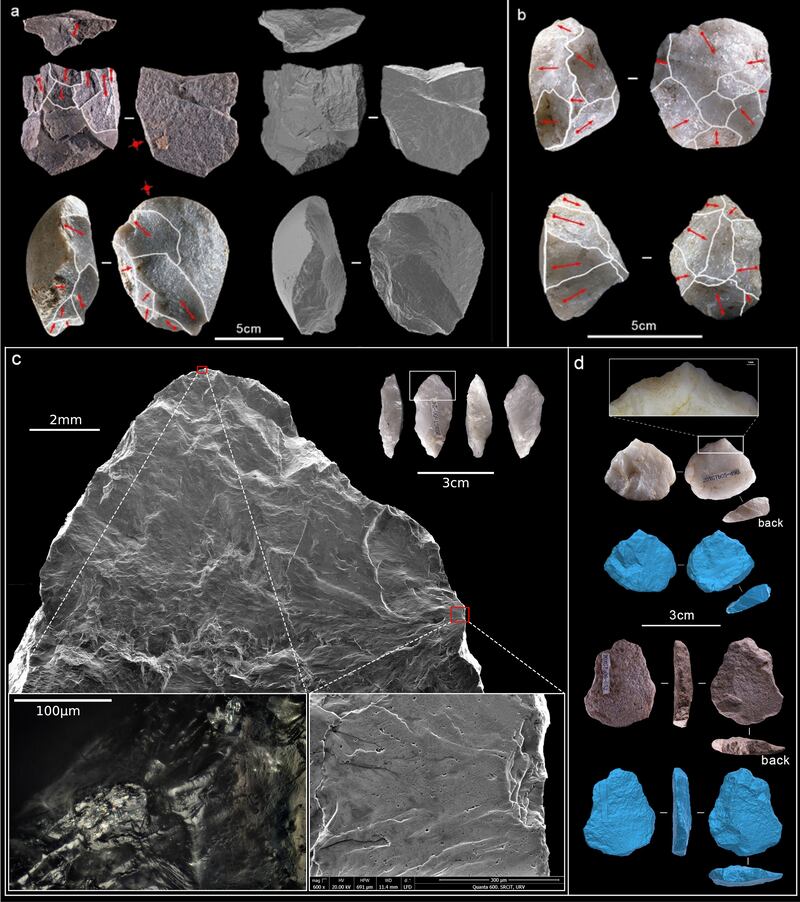 Descubren en China las herramientas de piedra enmangadas más antiguas de Asia oriental. En la imagen, (a) núcleos sobre lasca; (b) núcleos discoides; (c) parte activa de un perforador enmangado, con huellas de uso; y (d) perforadores con dorso rebajado. Crédito:: IVPP-IPHES-CERCA.