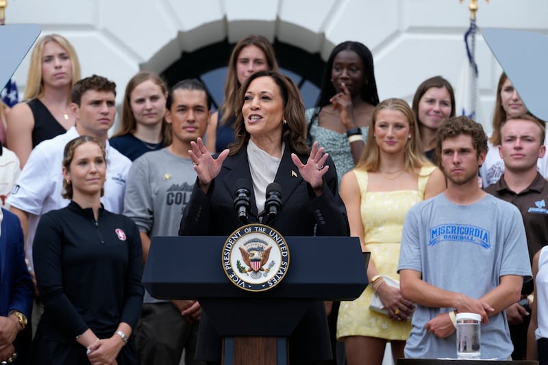 La vicepresidenta Kamala Harris habla desde el jardín sur de la Casa Blanca en Washington.