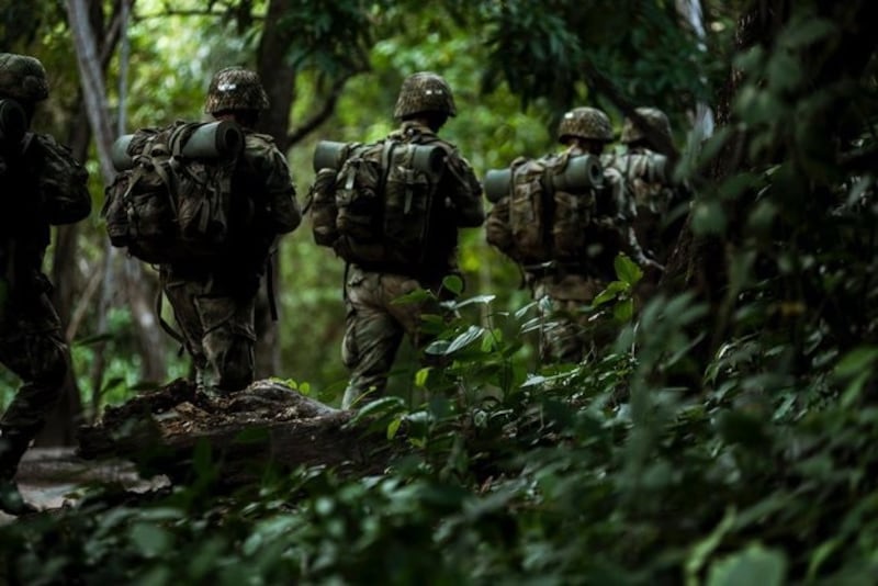 Militares del Ejército chino en ensayos sobre el bosque