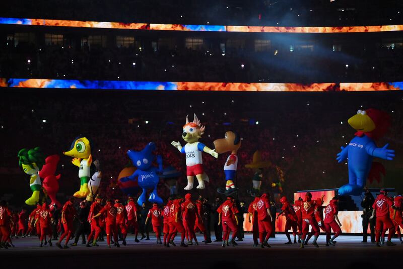 AL KHOR, QATAR - NOVEMBER 20: Mascots of past World Cups are seen during the opening ceremony prior to the FIFA World Cup Qatar 2022 Group A match between Qatar and Ecuador at Al Bayt Stadium on November 20, 2022 in Al Khor, Qatar. (Photo by Justin Setterfield/Getty Images)