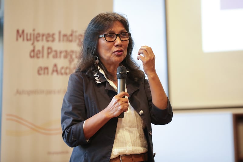 La secretaria ejecutiva de la Articulación de Mujeres Indígenas del Paraguay, Tina Alvarenga, habla durante un conversatorio este miércoles, en Asunción (Paraguay). EFE/ Juan Pablo Pino