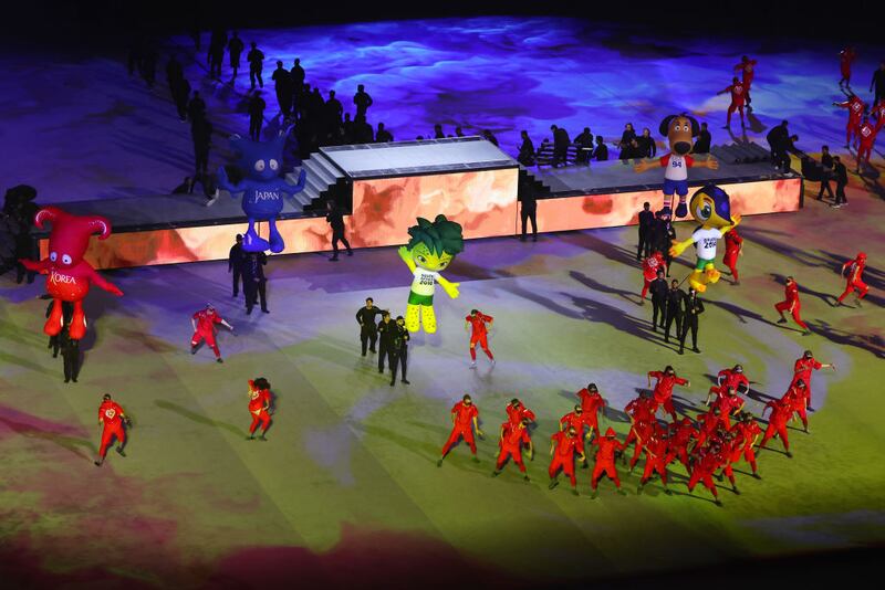 AL KHOR, QATAR - NOVEMBER 20: Mascots of past World Cups are seen during the opening ceremony prior to the FIFA World Cup Qatar 2022 Group A match between Qatar and Ecuador at Al Bayt Stadium on November 20, 2022 in Al Khor, Qatar. (Photo by Mohamed Farag/Getty Images)