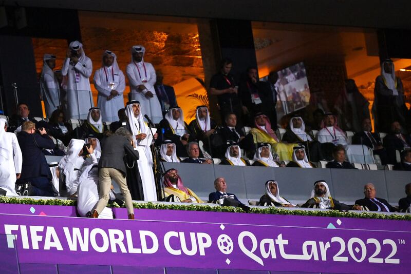 AL KHOR, QATAR - NOVEMBER 20: Emir of Qatar Tamim bin Hamad Al Thani delivers a remark during the opening ceremony prior to the FIFA World Cup Qatar 2022 Group A match between Qatar and Ecuador at Al Bayt Stadium on November 20, 2022 in Al Khor, Qatar. (Photo by Justin Setterfield/Getty Images)