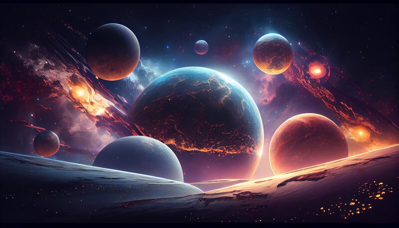 Glowing spaceship orbits planet in starry galaxy generated by artificial intelligence