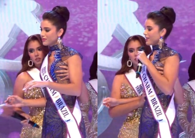 Candidata boricua ayuda a compañera tras desmayarse en plena final de concurso en Colombia