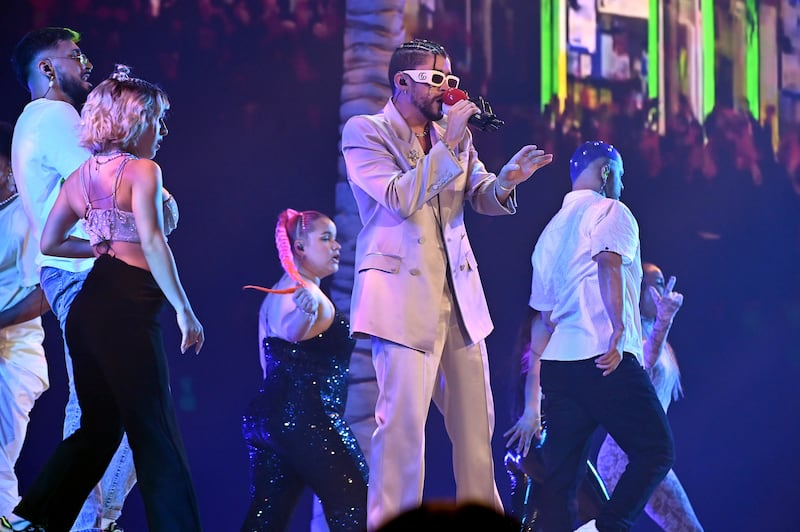 NEW YORK, NEW YORK - AUGUST 28: Bad Bunny performs at Yankee Stadium for the 2022 MTV VMAs broadcast on August 28, 2022 in New York City. (Photo by Noam Galai/Getty Images for MTV/Paramount Global)