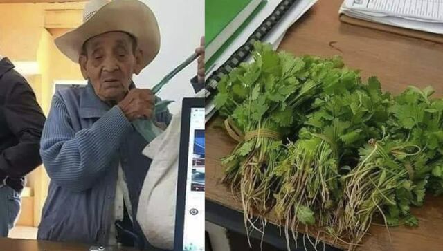 Abuelo conmueve las redes al pagar su acta de nacimiento con cilantro