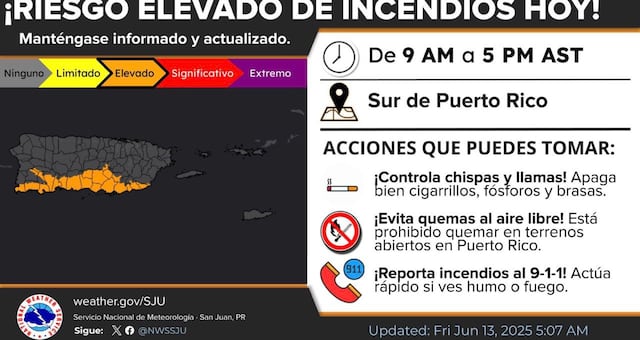 Riesgo limitado de inundaciones, riesgo elevado de incendios y brisa fuerte para este viernes, 13 de junio de 2025