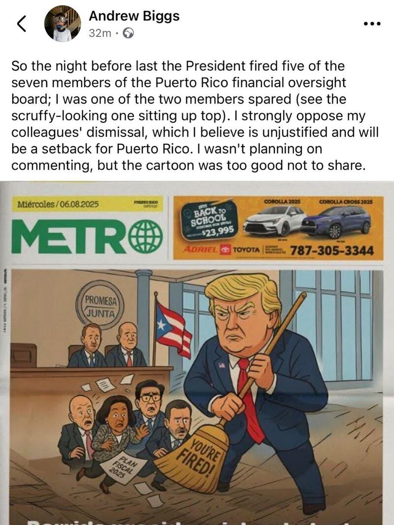 El ahora exmiembro de la Junta de Control Fiscal compartió una portada del periódico Metro Puerto Rico sobre los despidos.