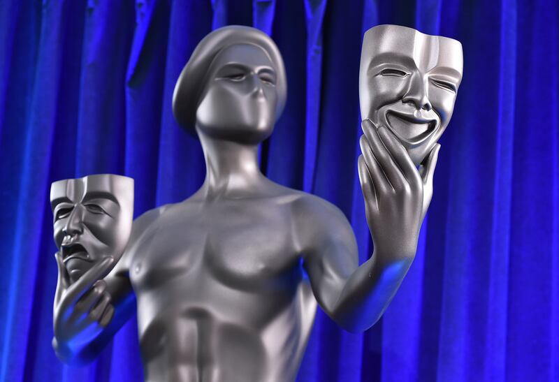 The SAG statue on display at the 28th annual Screen Actors Guild Awards at the Barker Hangar on Sunday, Feb. 27, 2022, in Santa Monica, Calif.. (Photo by Jordan Strauss/Invision/AP)