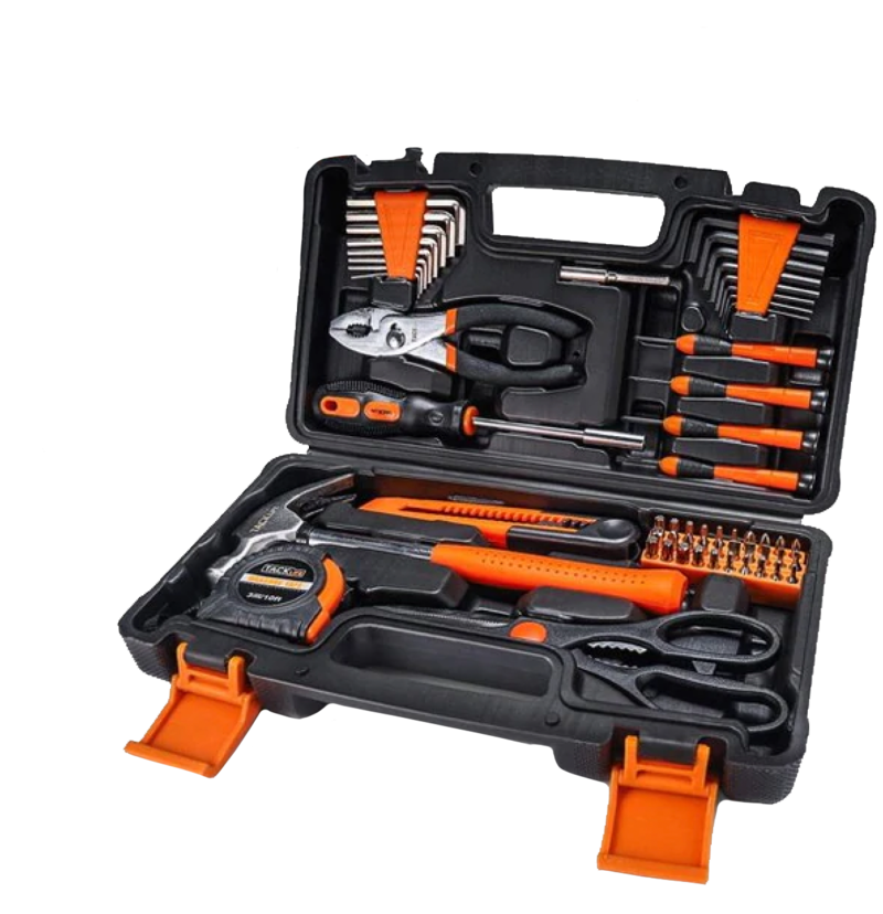 Caja de Herramientas 58 piezas. Incluye: caja, tijera, navaja, alicate, cinta de medir, destornillador con 30 puntas y una extensión, 16 llaves allen y 4 destornilladores pequeños.