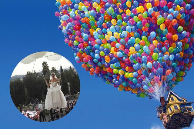 Al mejor estilo de la película UP de Disney, ésta novia llegó volando a su boda