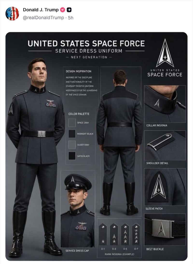 Captura de pantalla tomada del perfil de la red social Truth Social que muestra una imagen hecha con inteligencia artificial del posible nuevo uniforme que llevarán los miembros de la Fuerza Espacial de EE.UU. EFE/ @realDonaldTrump