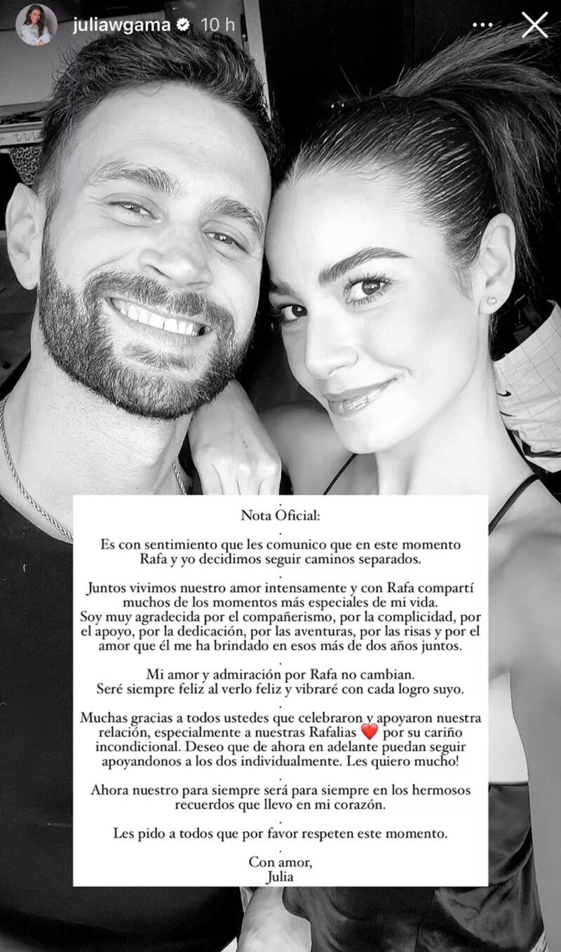 Rafael Nieves y Julia Gama confirma el fin de su noviazgo.