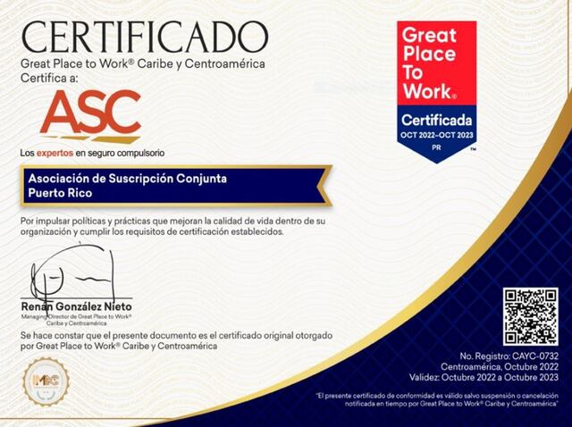 ASC recibe la prestigiosa certificación  Great Place To Work™ 2022-2023 en el Caribe y Centroamérica