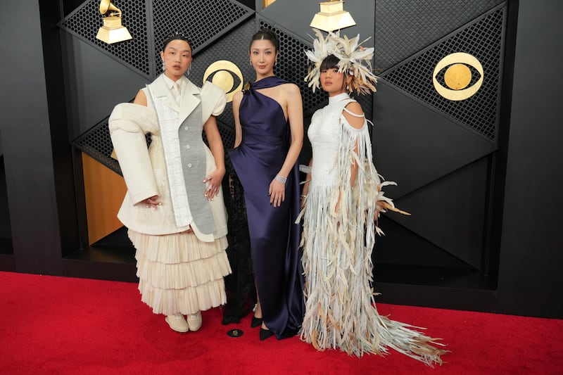 Audrey Nuna, from left, and EJAE, and Rei Ami arrive at the 68th annual Grammy Awards on Sunday, Feb. 1, 2026, in Los Angeles. (Photo by Jordan Strauss/Invision/AP)