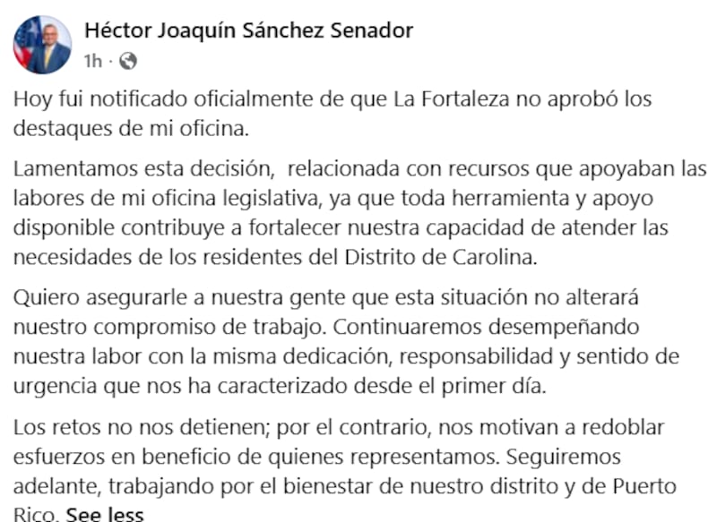 Uno de los que ha denunciado la cancelación de estos empleados por destaque es el senador del Partido Nuevo Progresista Héctor Joaquín Sánchez.