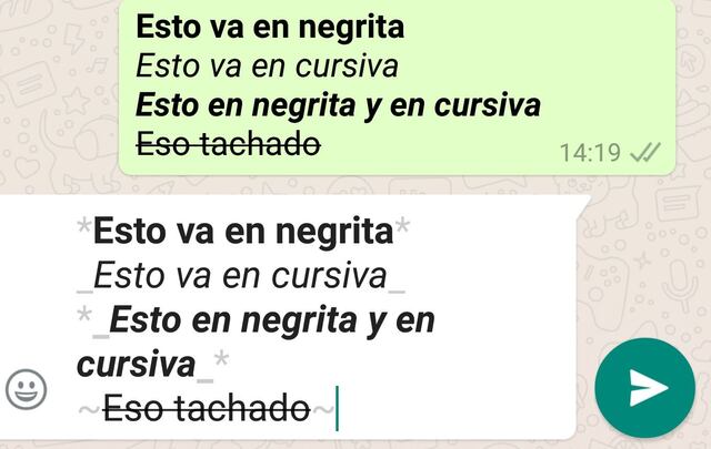 Paso a paso como activar funciones especiales cuando envías un mensaje por WhatsApp: Destaca en negritas alguna oración
