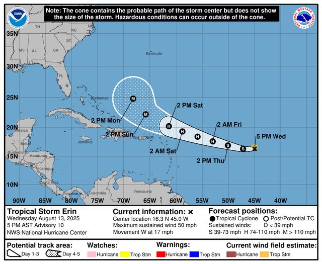 Tormenta tropical Erin podría convertirse en huracán el viernes